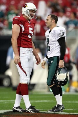 GLENDALE, AZ - JANUARY 18:  (R-L) Kicker David Akers #2 of the Philadelphia Eagles speaks with punter Ben Graham #5 of the Arizona Cardinals prior to the NFC championship game on January 18, 2009 at University of Phoenix Stadium in Glendale, Arizona.  (Ph