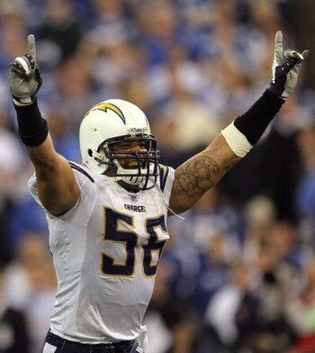 INDIANAPOLIS - JANUARY 13:  Shawne Merriman #56 of the San Diego Chargers celebrates after their 28-24 win against the Indianapolis Colts during their AFC Divisional Playoff game at the RCA Dome on January 13, 2008 in Indianapolis, Indiana.  (Photo by Dou