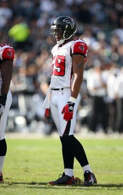 OAKLAND, CA - NOVEMBER 2:  Michael Boley #59 of the Atlanta Falcons looks on during the game against the Oakland Raiders on November 2, 2008 at the Oakland-Alameda County Coliseum in Oakland, California. The Falcons defeated the Raiders 24-0. (Photo by Je