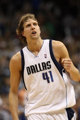 DALLAS - MAY 11:  Forward Dirk Nowitzki #41 of the Dallas Mavericks reacts after making a shot against the Denver Nuggets in Game Four of the Western Conference Semifinals during the 2009 NBA Playoffs at American Airlines Center on May 11, 2009 in Dallas,
