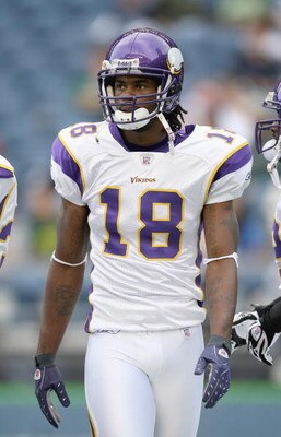 SEATTLE - AUGUST 25: Sidney Rice #18 of the Minnesota Vikings looks on before the game against the Seattle Seahawks at Qwest Field on August 25, 2007 in Seattle, Washington. (Photo by Otto Greule Jr/Getty Images)