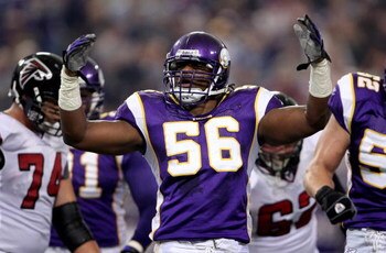 MINNEAPOLIS, MN - SEPTEMBER 09:  E.J. Henderson #56 of the Minnesota Vikings celebrates a first quarter tackle against the Atlanta Falcons as the Vikings defeated the Falcons 24-3 at the Metrodome on September 9, 2007 in Minneapolis, Minnesota.  (Photo by