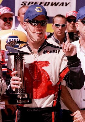 30 Apr 2000: Jeremey Mayfield celebrates after winning the Napa Auto Parts 500 at the California Speedway in Fontana, California.