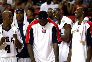 LAS VEGAS - SEPTEMBER 2:  Chauncey Billups #4, Carmelo Anthony #15, LeBron James #6, Dwight Howard #11, and Kobe Bryant #10 of the USA joke on the bench during the FIBA Americas Championship 2007 Gold Medal game against Argentina at Thomas & Mack Center S