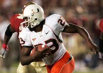 TALLAHASSEE, FL - SEPTEMBER 05:  Quadtrine Hill #23 of the Miami Hurricanes looks for room to run against the Florida State Seminoles at Doak Campbell Stadium September 5, 2005 in Tallahassee, Florida. FSU beat Miami 10-7.  (Photo by Doug Benc/Getty Image