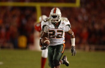 3 Jan 2002:  James Lewis #23 of Miami runs for a touchdown against Nebraska during the Rose Bowl National Championship game at the Rose Bowl in Pasadena, California.  Miami won the game 37-14, winning the BCS and the National Championship title. DIGITAL I