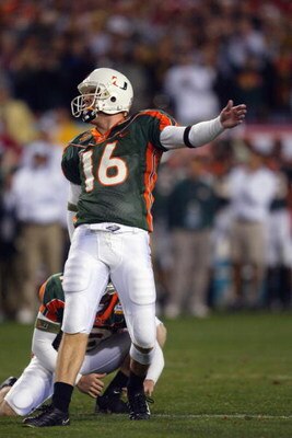 TEMPE, AZ - JANUARY 3:  Todd Sievers #16 of the University of Miami Hurricanes kicks a field goal against the Ohio State Buckeyes during the Tostitos Fiesta Bowl at Sun Devil Stadium on January 3, 2003 in Tempe, Arizona.  Ohio State defeated Miami 31-24 i