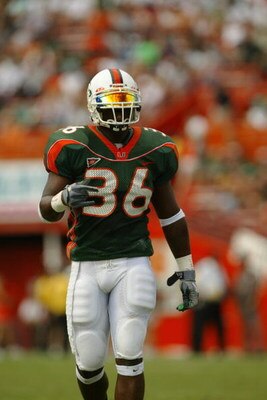 MIAMI - NOVEMBER 15:  Defensive back Maurice Sikes #36 of the University of Miami Hurricanes walks during the game against the Syracuse University Orangemen at the Orange Bowl on November 15, 2003 in Miami, Florida. Miami defeated Syracuse 17-10.  (Photo 