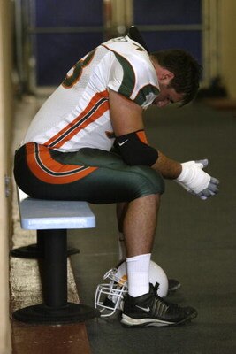 3 Jan 2002:  Joaquin Gonzalez #73 of Miami takes a moment by himself before the start of the Rose Bowl National Championship game against Nebraska at the Rose Bowl in Pasadena, California.  Miami won the game 37-14, winning the BCS and the National Champi