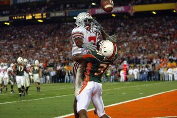 TEMPE, AZ - JANUARY 3:  Defensive back Glenn Sharpe #31 of the University of Miami Hurricanes is called for pass interference on the pass to Ohio State Buckeyes receiver Chris Gamble #7 on what would have been the last play of the game during the Tostitos
