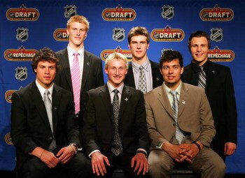DETROIT - MAY 26:  (Top L-R) Tyler Myers, Alex Pietrangelo, Luke Schenn (Bottom L-R) Zach Bogosian, Steven Stamkos, Drew Doughty pose together during the 2008 NHL Entry Draft Top Prospects Media Luncheon as part of 2008 NHL Stanley Cup Finals in Ambassado