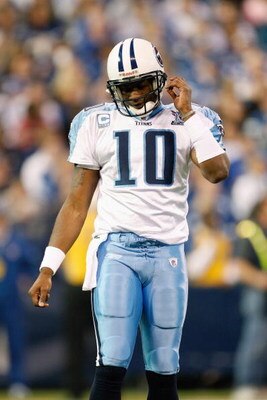 INDIANAPOLIS - DECEMBER 28:  Quarterback Vince Young #10 of the Tennessee Titans walk off the field during the game against the Indianapolis Colts on December 28, 2008 at Lucas Oil Stadium in Indianapolis, Indiana. (Photo by: Jamie Squire/Getty Images)