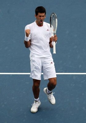 CINCINNATI - AUGUST 23:  Novak Djokovic of Serbia celebrates a point against Roger Federer of Switzerland in the Singles Final during day seven of the Western & Southern Financial Group Masters on August 23, 2009 at the Lindner Family Tennis Center in Cin