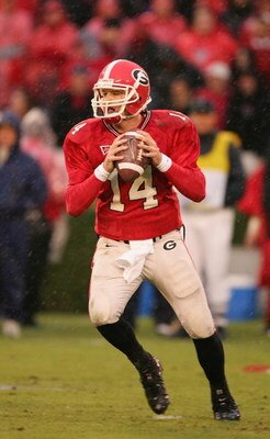 ATHENS, GA - NOVEMBER 27:  Quarterback David Greene #14 of the Georgia Bulldogs looks to pass against the Georgia Tech Yellow Jackets during the game at Sanford Stadium on November 27, 2004 in Athens, Georgia.  The Bulldogs defeated the Yellow Jackets 19-