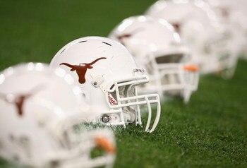 GLENDALE, AZ - JANUARY 05:  The Texas Longhorns helmets are arranged on the field before the Tostitos Fiesta Bowl Game against the Ohio State Buckeyes on January 5, 2009 at University of Phoenix Stadium in Glendale, Arizona.  (Photo by Jed Jacobsohn/Getty