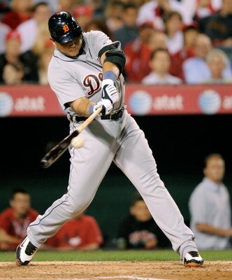 ANAHEIM, CA - APRIL 22:  Miguel Cabrera #24 of the Detroit Tigers hits a single against the Los Angeles Angels of Anaheim during the third inning of the baseball game at Angel Stadium on April 22, 2009 in Anaheim, California.  (Photo by Kevork Djansezian/