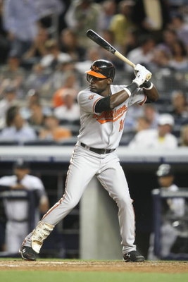 NEW YORK - MAY 21:  Felix Pie #18 of the Baltimore Orioles at bat against the New York Yankees on May 21, 2009 at Yankee Stadium in the Bronx borough of New York City.  (Photo by Nick Laham/Getty Images)