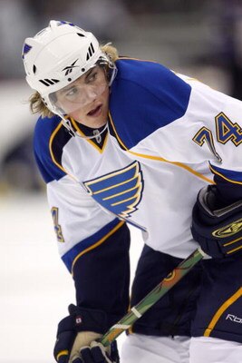 KANSAS CITY, MO - SEPTEMBER 22:  T.J. Oshie #74 of the St. Louis Blues looks on prior to a preseason game against the Los Angeles Kings on September 22, 2008 at the Sprint Center in Kansas City, Missouri. The Kings defeated the Blues 2-1. (Photo by Jamie 