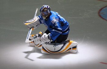 ZURICH, SWITZERLAND - MAY 04:  Pekka Rinne of Finland is the hero in the sudden death shoot out during the IIHF World Championship match between Canada and Finland at the Arena Zurich-Kloten on May 4, 2009 in Zurich, Switzerland.  (Photo by Mike Hewitt/Ge