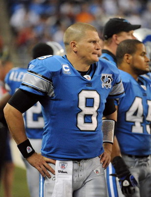 DETROIT - OCTOBER 05: Jon Kitna #8 of the Detroit Lions watches from the sidelines after he is replaced by Dan Orlovsky during the third quarter at Ford Field on October 5, 2008 in Detroit, Michigan. The Bears won 34-7. (Photo by Harry How/Getty Images