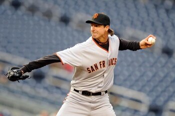 WASHINGTON - JUNE 04:  Randy Johnson #51 of the San Francisco Giants pitches against the Washington Nationals at Nationals Park on June 4, 2009 in Washington, DC.  Johnson is vying for his 300th career victory.  (Photo by Greg Fiume/Getty Images)