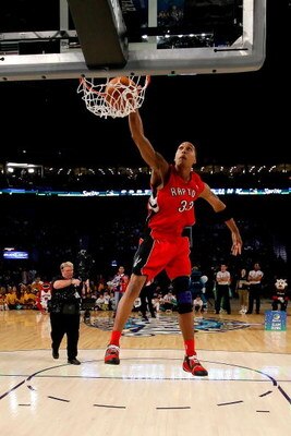 NEW ORLEANS - FEBRUARY 16:  Jamario Moon of the Toronto Raptors completes a dunk in the Sprite Slam Dunk Contest, part of 2008 NBA All-Star Weekend at the New Orleans Arena on February 16, 2008 in New Orleans, Louisiana.  NOTE TO USER: User expressly ackn