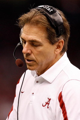 NEW ORLEANS - JANUARY 02:  Head coach Nick Saban of the Alabama Crimson Tide looks down in the first half while taking on the Utah Utes during the 75th Allstate Sugar Bowl at the Louisiana Superdome on January 2, 2009 in New Orleans, Louisiana.  (Photo by