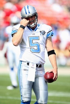 SAN FRANCISCO - SEPTEMBER 21:  Drew Stanton #5 of the Detroit Lions looks on before the game against the San Francisco 49ers on September 21, 2008 at Candlestick Park in San Francisco, California. (Photo by Jed Jacobsohn/Getty Images)