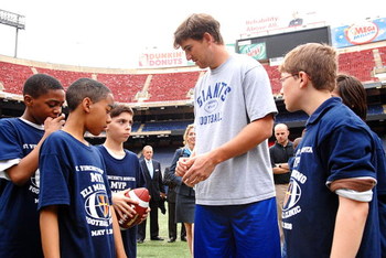 EAST RUTHERFORD, NJ - MAY 15: Eli Manning of the New York Giants participates in a clinic sponsored by St Vincent's Hospital Manhattan at Giants Stadium on May 15, 2008 in East Rutherford, New Jersey (Photo by Rob Loud/Getty Images for St. Vincent's Hos