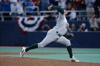 MINNEAPOLIS, MN - OCTOBER 4:  Billy Koch #44 of the Oakland A's prepares to throw the pitch during the American League Division Series against the Minnesota Twins on October 4, 2002 at the Hubert H Humphrey Dome in Minneapolis, Minnesota.  (Photo by Matth