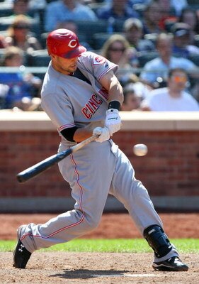 NEW YORK - JULY 12:  Ramon Hernandez #55 of the Cincinnati Reds bats against the New York Mets on July 12, 2009 at Citi Field in the Flushing neighborhood of the Queens borough of New York City.  (Photo by Jim McIsaac/Getty Images)