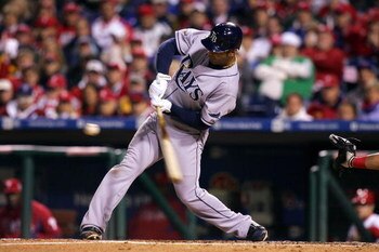 PHILADELPHIA - OCTOBER 25:  Carlos Pena #23 of the Tampa Bay Rays swings at a pitch against the Philadelphia Phillies during game three of the 2008 MLB World Series on October 25, 2008 at Citizens Bank Park in Philadelphia, Pennsylvania.  (Photo by Jim Mc