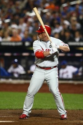 NEW YORK - JUNE 09: Matt Stairs #12 of the Philadelphia Phillies at bat against the New York Mets during their game at Citi Field on June 9, 2009 in the Flushing neighborhood of the Queens borough of New York City.  (Photo by Chris McGrath/Getty Images)