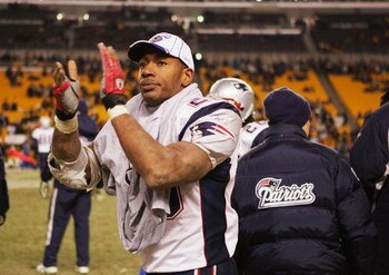 PITTSBURGH - JANUARY 23:  Running back Corey Dillon #28 of the New England Patriots celebrates victory over the Pittsburgh Steelers in the AFC championship game at Heinz Field on January 23, 2005 in Pittsburgh, Pennsylvania. The Patriots defeated the Stee