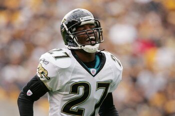 PITTSBURGH - OCTOBER 16:  Cornerback Rashean Mathis #27 of the Jacksonville Jaguars runs on the field against the Pittsburgh Steelers at Heinz Field on October 16, 2005 in Pittsburgh, Pennsylvania. The Jaguars defeated the Steelers 23-17 in overtime.  (Ph