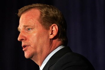 NEW YORK - JULY 27:  NFL Commissioner Roger Goodell answers questions from the media after reinstating Michael Vick on a conditional basis on July 27, 2009 at the InterContinental Hotel in New York City.  (Photo by Mike Stobe/Getty Images)