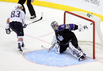 LOS ANGELES, CA - DECEMBER 05:  Ales Hemsky #83 of the Edmonton Oilers lifts the game winning goal over goaltender Jason LaBarbera #35 of the Los Angeles Kings during the shootout at Staples Center on December 5, 2008 in Los Angeles, California.  (Photo b