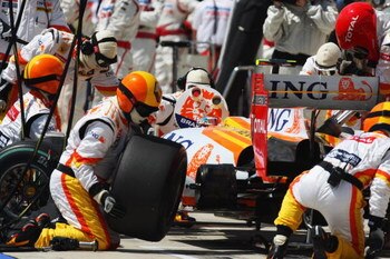 BUDAPEST, HUNGARY - JULY 25:  Nelson Piquet of Brazil and Renault comes in for a pitstop during qualifying for the Hungarian Formula One Grand Prix at the Hungaroring on July 25, 2009 in Budapest, Hungary.  (Photo by Mark Thompson/Getty Images)