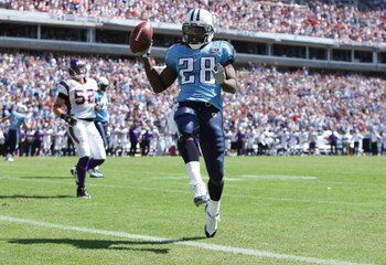 NASHVILLE, TN - SEPTEMBER 28:  Running back Chris Johnson #28 of the Tennessee Titans celebrates as he scores a touchdown against the Minnesota Vikings at LP Field on September 28, 2008 in Nashville, Tennessee.  (Photo by Doug Benc/Getty Images)