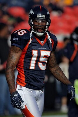 DENVER - NOVEMBER 23:  Wide receiver Brandon Marshall #15 of the Denver Broncos warms up prior to facing the Oakland Raiders during week 12 NFL action at Invesco Field at Mile High on November 23, 2008 in Denver, Colorado. The Raiders defeated the Broncos