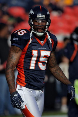 DENVER - NOVEMBER 23: Wide receiver Brandon Marshall #15 of the Denver Broncos warms up prior to facing the Oakland Raiders during week 12 NFL action at Invesco Field at Mile High on November 23, 2008 in Denver, Colorado. The Raiders defeated the Broncos
