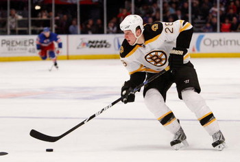 NEW YORK - MARCH 08:  Blake Wheeler #26 of the Boston Bruins skates with the puck against the New York Rangers on March 8, 2009 at Madison Square Garden in New York City, New York.  (Photo by Nick Laham/Getty Images)