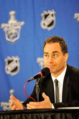 PITTSBURGH - APRIL 17:  Head coach John Stevens of the Philadelphia Flyers answers reporters' questions at the post game press conference after Game Two of the Eastern Conference Quarterfinals of the 2009 Stanley Cup Playoffs against the Pittsburgh Pengui