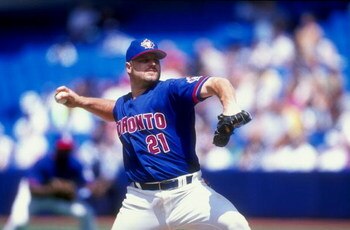 5 Jul 1998:  Pitcher  Roger Clemens #21 of the Toronto Blue Jays throws the 3000th strike out during the game agains the Tampa Bay Devil Rays at the Sky Dome in Toronto, Canada. The Blue Jays defeated the Devil Rays 2-1. Mandatory Credit: Rick Stewart  /A