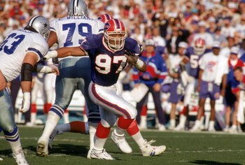 PASADENA, CA - JANUARY 31:  Linebacker Cornelius Bennett #97 of the Buffalo Bills battles against the Dallas Cowboys offense during Super Bowl XXVII at the Rose Bowl on January 31, 1993 in Pasadena, California.  The Cowboys won 52-17.  (Photo by George Ro
