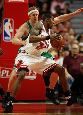 CHICAGO - APRIL 26: Tyrus Thomas #24 of the Chicago Bulls moves against Brian Scalabrine #44 of the Boston Celtics in Game Four of the Eastern Conference Quarterfinals during the 2009 NBA Playoffs at the United Center on April 26, 2009 in Chicago, Illinoi