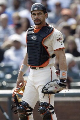 SAN FRANCISCO - SEPTEMBER 27:  Catcher Benito Santiago #33 of the San Francisco Giants looks on against the Los Angeles Dodgers during a game at Pac Bell Park on September 27, 2003 in San Francisco, California. The Giants defeated the Dodgers 6-3. (Photo 