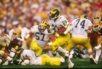 1 Jan 1987: Jamie Morris of Michigan runs through the players during their 22-15 loss to Arizona State at the Rose Bowl in Pasadena, California. Mandatory Credit: Rick Stewart  /Allsport