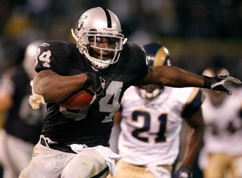 OAKLAND, CA - AUGUST 24:  Running back LaMont Jordan #34 of the Oakland Raiders runs with the ball against the St. Louis Rams during a preseason game on August 24, 2007 at McAfee Coliseum.  (Photo by Greg Trott/Getty Images)