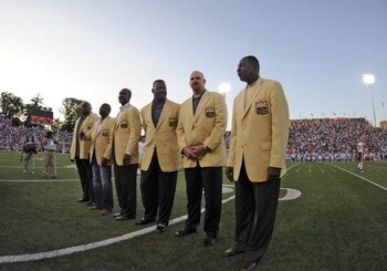 CANTON, OH - AUGUST 3: The 2008 Hall of Fame class lines up during pre-game ceremonies as the Indianapolis Colts play against the Washington Redskins in the Pro Football Hall of Fame Game at Fawcett Stadium on August 3, 2008 in Canton, Ohio.   (Photo by A